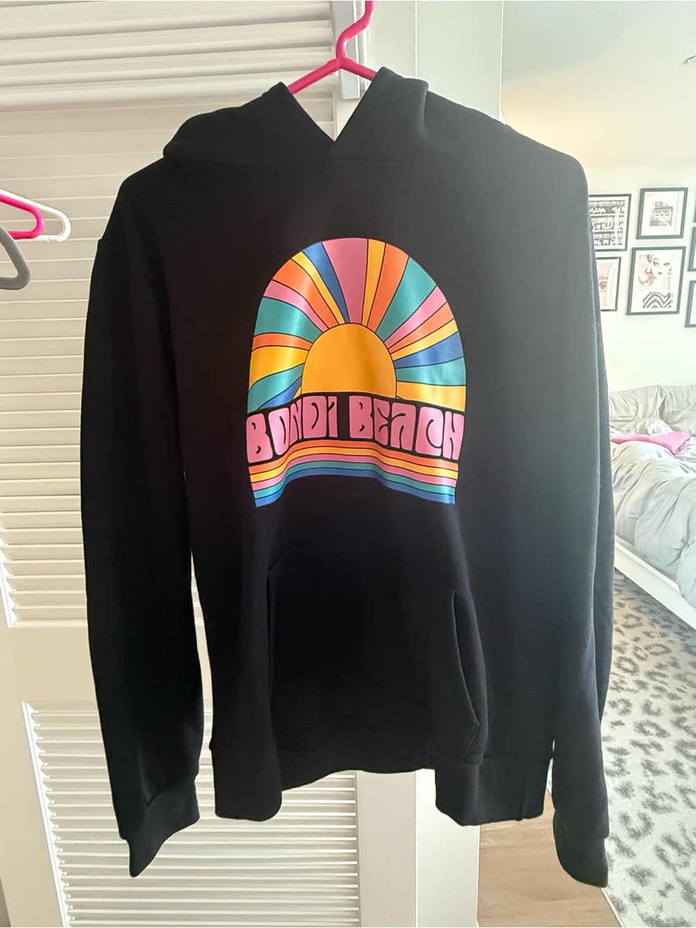 Black Hoodie with Colorful 'Bondi Beach' Sun Graphic